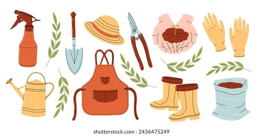 Gardening tools set on white background. Garden equipment collection