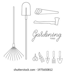 Gardening tools set outline simple minimalistic flat design vector illustration isolated on white background