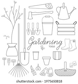 Gardening tools set outline simple minimalistic flat design vector illustration isolated on white background