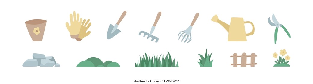 Gardening tools. A set of pictures on the theme: spring, garden, kitchen garden. Vector clipart isolated on white background.