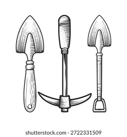 Gartengeräte-Set mit Schaufel Pickaxe und Kelle in Vintage-Gravur-Zeichenstil einzeln auf weißem Hintergrund für Design