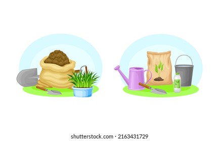 Gardening tools set. Shovel, seedlings, fertilizing, bucket, watering can, soil agricultural elements vector illustration