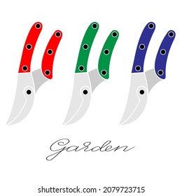 Gardening tools set of three pruners in different colours and lettering handdrawn word outline simple minimalistic flat design icon vector illustration isolated on white background..