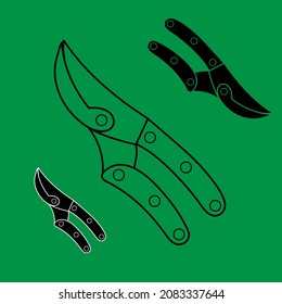 Gardening tools set of three pruners in different style simple minimalistic flat design vector illustration isolated on green background