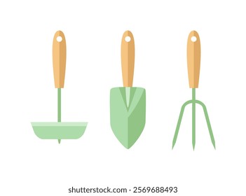 Gardening tools set. Trowel with wooden handle, tiller hand rake and small hoe isolated on white background. Vector cartoon flat illustration.