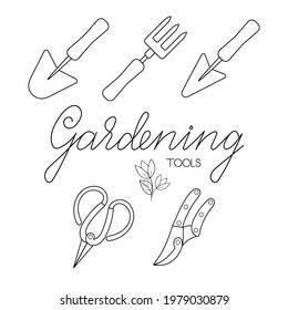 Gardening tools set of trowels, hand fork scissors and pruners with lettering outline simple minimalistic flat design vector illustration isolated on white background