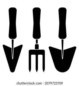 Gardening tools set of trowels and hand fork negative outline simple minimalistic flat design icon vector illustration isolated on white background