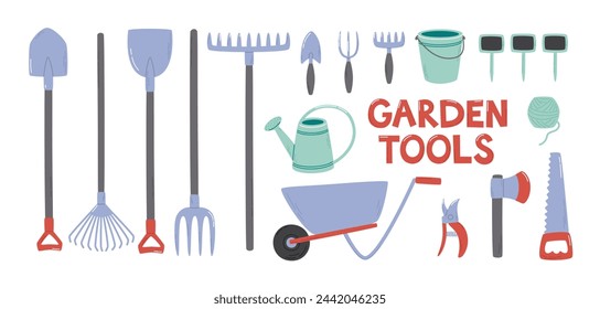 Gardening tools set. Various tools to work in a garden. Flat vector illustrations collection