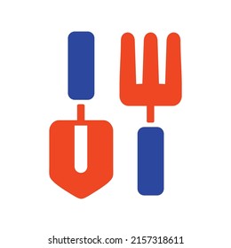 Gardening tools set vector glyph icon. Shovel, pitchfork, rake.. Graph symbol for agriculture, garden and plants web site and apps design, logo, app, UI
