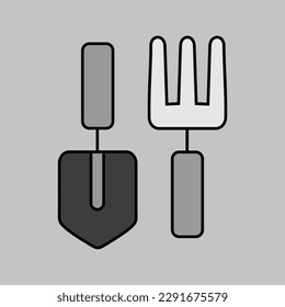 Gardening tools set vector grayscale icon. Shovel, pitchfork, rake.. Graph symbol for agriculture, garden and plants web site and apps design, logo, app, UI