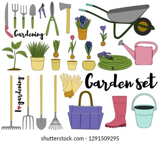 Gardening tools set. Vector hand drawn illustration of garden elements: plants, flowers, rubber boots, cutter, cart, watering can, shovel, rake. Conceptual of Gardening