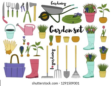 Gardening tools set. Vector hand drawn illustration of garden elements: plants, flowers, pots, rubber boots, cutter, cart, watering can, shovel, rake and lettering. Conceptual of Gardening 