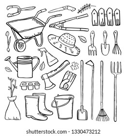 Gardening tools set. Vector hand drawn outline sketch illustration black on white background. Shovels, wheelbarrow, watering cans, rakes, pruners, boots