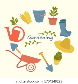 Juego de herramientas de jardinería. Ilustración de los elementos del jardín dibujada a mano por vectores: plantas, flores, botas de goma, cortador, lata de agua, pala. Conceptual de jardinería.
