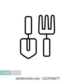Las herramientas de jardinería establecen el icono vector. Pala, horquilla, rastrillo... Símbolo gráfico para agricultura, jardín y plantas sitio web y diseño de aplicaciones, logotipo, aplicación, interfaz de usuario