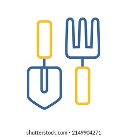 Las herramientas de jardinería establecen el icono vector. Pala, horquilla, rastrillo... Símbolo gráfico para agricultura, jardín y plantas sitio web y diseño de aplicaciones, logotipo, aplicación, interfaz de usuario