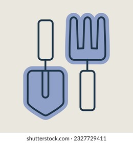 Las herramientas de jardinería establecen el icono vector. Pala, horquilla, rastrillo... Símbolo gráfico para agricultura, jardín y plantas sitio web y diseño de aplicaciones, logotipo, aplicación, interfaz de usuario