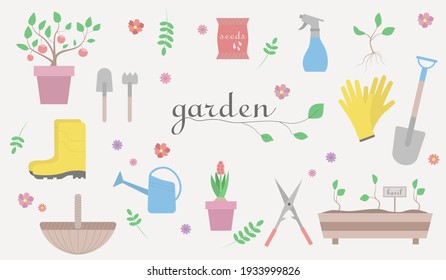 Gardening tools set. Vector illustration of garden elements: plants, watering can, basket, flower, pot, shovel, scissors, seeds, gloves, rubber boots, bore.