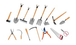 Gardening Tools Set Watercolor Illustration Isolated On White Background. Garden Items Clipart Bundle. Axe, Shovel, Spade, Rake, Pitchfork, Hoe, Mattock, Trowel, Sickle, Scythe, Pruning Saw, Pruners