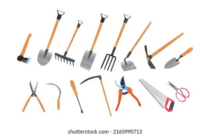 Gardening tools set watercolor illustration isolated on white background. Garden items clipart bundle. Axe, shovel, spade, rake, pitchfork, hoe, mattock, trowel, sickle, scythe, pruning saw, pruners