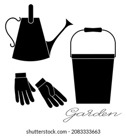Herramientas de jardinería conjunto de latas de riego, guantes y balde contorno negativo diseño simple minimalista plano ilustración vectorial aislada en fondo blanco