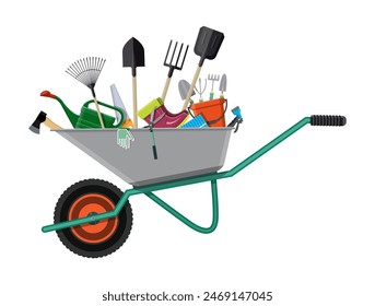 Gardening tools set in wheelbarrow. Equipment for garden. Saw bucket ax wheelbarrow hose rake can shovel secateurs gloves boots. Vector illustration in flat style