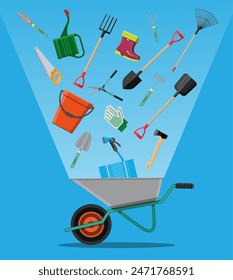 Gardening tools set in wheelbarrow. Equipment for garden. Saw bucket ax wheelbarrow hose rake can shovel secateurs gloves boots. Vector illustration in flat style