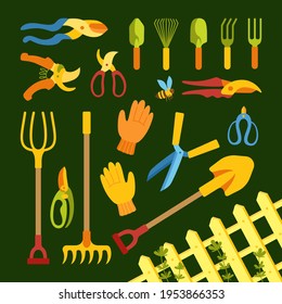 Gardening tools, shovel pitchfork and rake cartoon set. Equipment pruner, scissors. Work tool for farming cultivating digging, fence garden. Hand drawn farm landscaping collection vector illustration