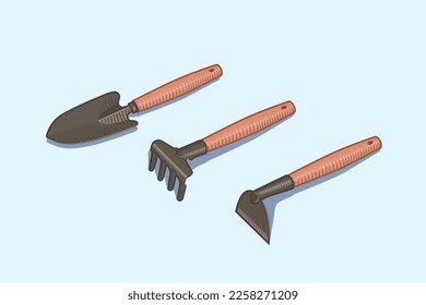 Gardening Tools. Shovel, rake and hoe. Soil work. Vector illustration. Caring for indoor plants and flowers. Agriculture. Farm goods store poster design. Growing food