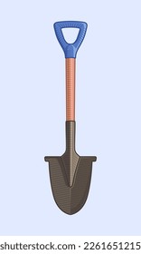 Gardening Tools. Shovel for working with soil. Vector illustration. Dig the ground. Agriculture. Farm goods store poster design. Drawn style. Bayonet metal shovel with a wooden handle.