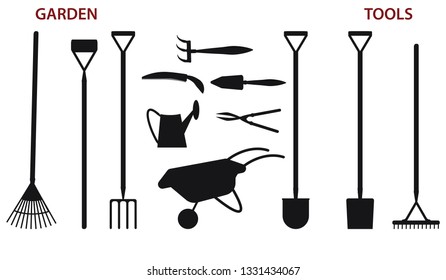 Gardening Tools Silhouette - shovels, rakes, wheelbarrow, watering can, pruner - isolated on white background - flat style - vector.