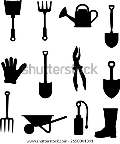 Gardening Tools Silhouettes Set 12 Garden Equipment Vector Icons