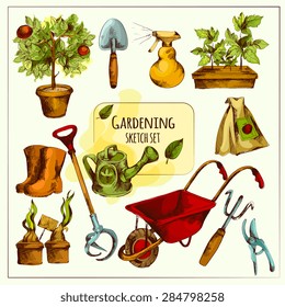 Gardening tools sketch set colored with shovel spray rubber boots isolated vector illustration