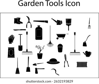Gardening tools solid icons set – flat, filled, horticulture and cultivation design