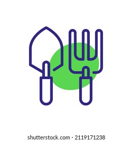 Gardening tools spade and rake. Pixel perfect editable stroke color icon