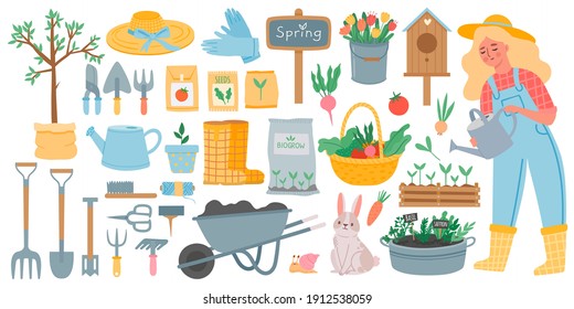 Gardening Tools. Spring Garden Equipment - Hoe, Fork, Shovel And Rake, Wheelbarrow And Seeds. Woman Watering Plants. Horticulture Vector Set. Rabbit And Snail, Basket With Vegetables