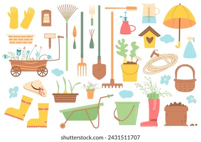 Gardening tools square banner set. Agriculture seasonal elements composition. Spring horticulture equipment. Planting and work in backyard. Seeds, shovel and sample, pot. Vector flat illustration.