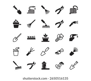 Gardening Tools and Supplies Icons, Black Silhouette Set for Horticulture and Outdoors	