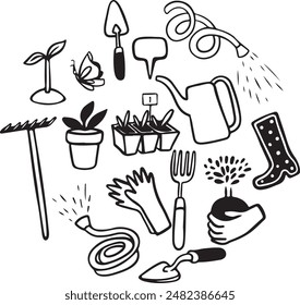Gardening tools and symbols vector doodle illustrations.