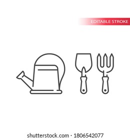 Gardening tools thin line vector icons. Trowel or shovel with pitchfork and watering can outline icons, editable stroke.