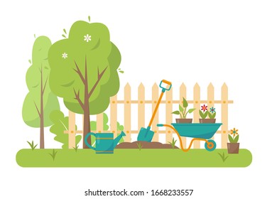 Gardening tools and trees in garden. Spring or summer banner, concept or background vector illustration.