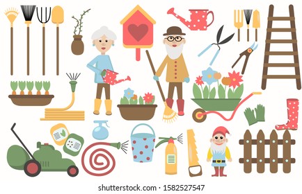 Gardening tools vector. Garden elements illustration. Grandfather and grandmother with flowers. 