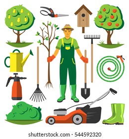 Gardening tools vector. Gardener with a tree. Cartoon garden equipment and plants flat set illustration isolated on white.