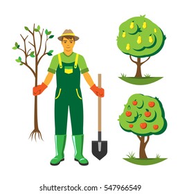 Gardening tools vector. Gardener with a tree. Cartoon garden equipment and plants flat set illustration isolated on white.