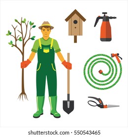 Gardening tools vector. Gardener with a tree. Cartoon garden equipment and plants flat set illustration isolated on white.