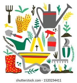 Gardening tools. Vector hand drawn illustration with garden equipment, gloves, rake, gums, wheelbarrow, watering can, scissors, plants. Horticulture elements in flat style. Doodles set.