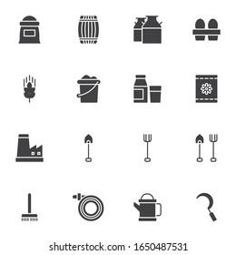 Gardening tools vector icons set, modern solid symbol collection, filled style pictogram pack. Signs, logo illustration. Set includes icons as flour sack, milk bottle, chicken eggs, shovel, watering