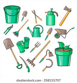 Gardening Tools Vector Illustration Collection icon set