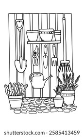 Gardening and gardening tools. Vector illustration hand drawn with a black pen. Garden tool station. Sketch of accessories for caring for plantings and potted plants.