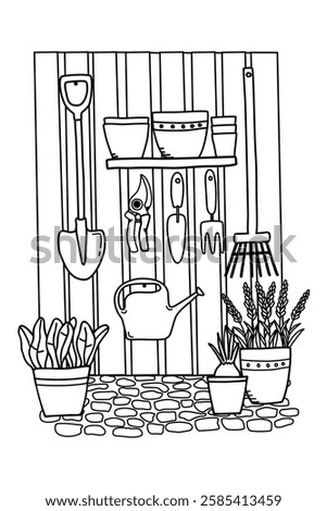 Gardening and gardening tools. Vector illustration hand drawn with a black pen. Garden tool station. Sketch of accessories for caring for plantings and potted plants.